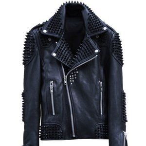 Men Black Studded Black Biker Jacket, Black Spiked